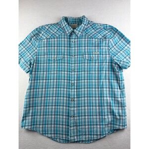 Lucky Brand Mens Turquoise Plaid Short Sleeve Western Snap Button Shirt XL